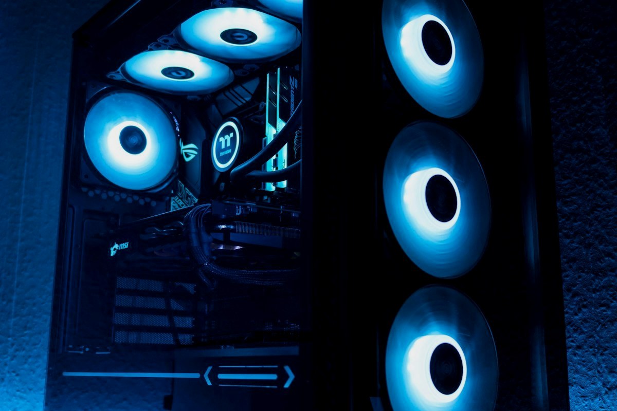 Custom high-performance PC workstation with blue RGB lighting